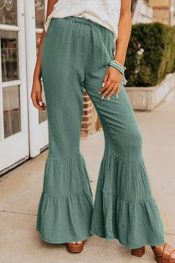 Pants  .  Green Textured High Waist Ruffled Bell Bottom Pants.