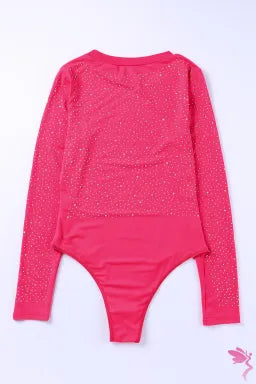 Bodysuit  .  Rose Rhinestone O-neck Long Sleeve Bodysuit.