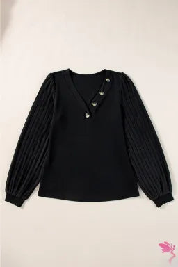 Top  .  Black Buttoned V Neck Ribbed Puff Sleeve Top.