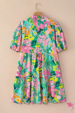 Dress  .  Green Floral Puff Sleeve Collar Buttoned Babydoll Dress