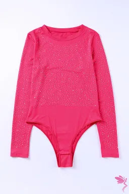 Bodysuit  .  Rose Rhinestone O-neck Long Sleeve Bodysuit.