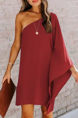 Mini Dress  .  Red Solid Color One Shoulder Batwing Sleeve Mini Dress