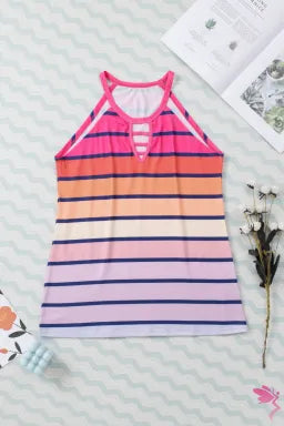 Tank Top .Camisole  .  Multicolor Colorful Striped Hollow Out Camisole.