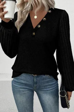 Top  .  Black Buttoned V Neck Ribbed Puff Sleeve Top.