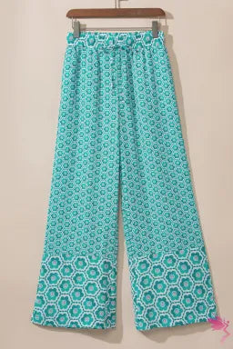 Pants  .  Green Boho Geometric Print Drawstring High Waist Flared Pants