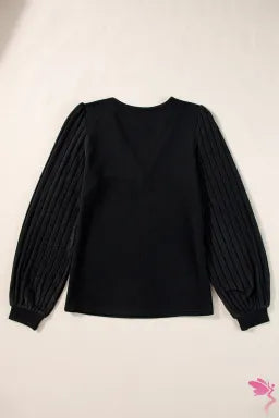 Top  .  Black Buttoned V Neck Ribbed Puff Sleeve Top.