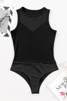 Bodysuit  .  Black Mesh Patchwork Sleeveless Bodysuit