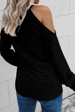 Top  .  Black Marble Knit Cold Shoulder Long Sleeve Top.