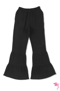 Pants  .  Black Textured High Waist Ruffled Bell Bottom Pants.