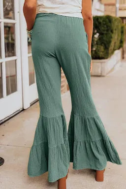 Pants  .  Green Textured High Waist Ruffled Bell Bottom Pants.