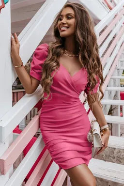 Dress  .  Rose Red V Neck Wrap Bubble Sleeved Ruched Bodycon Dress.