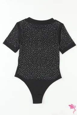 Bodysuit  .  Black Rhinestone Allover Round Neck Short Sleeve Bodysuit.