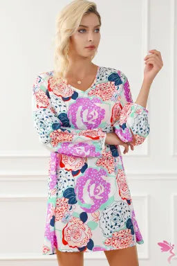 Dress  .  Multicolor Bracelet Bubble Sleeve Blooming Flower Print Dress