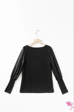 Puff Sleeves Top  .  Black Buttoned Cuffs Shiny Puff Sleeves Top.