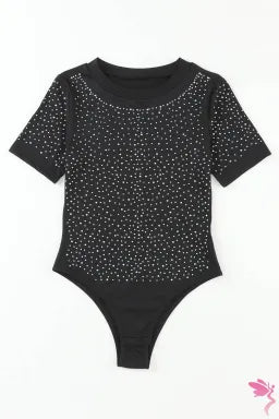 Bodysuit  .  Black Rhinestone Allover Round Neck Short Sleeve Bodysuit.