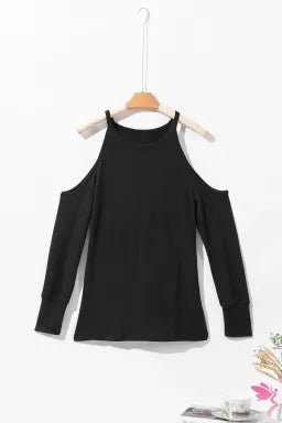 Top  .  Black Marble Knit Cold Shoulder Long Sleeve Top.