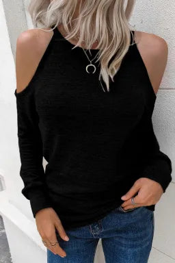 Top  .  Black Marble Knit Cold Shoulder Long Sleeve Top.