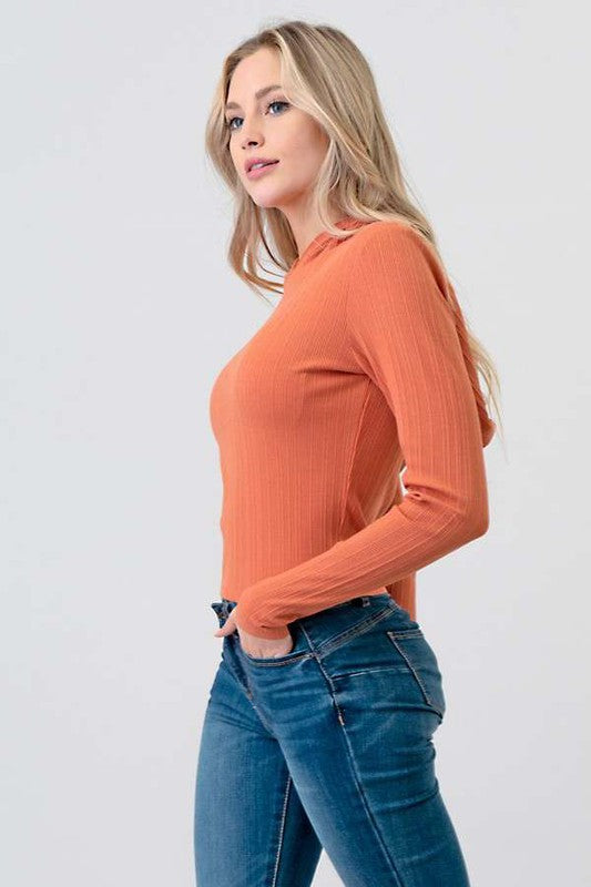 TOP  .  LONG SLEEVE RIBBED HOODIE TOP PERSIMMON