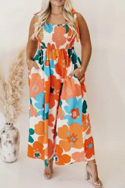 Dress  .  White Plus Size Smocked Floral Print Tied Straps Maxi Dress