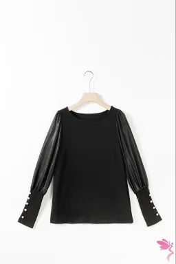 Puff Sleeves Top  .  Black Buttoned Cuffs Shiny Puff Sleeves Top.