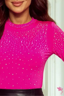 Bodysuit  .  Rose Rhinestone Mesh Long Sleeve Bodysuit.