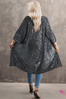 Kimono  .  Silvery Sequin 3/4 Sleeve Kimono.