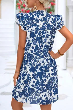 Mini Dress  .  Sail Blue Floral Ruffled Cap Sleeve Tied Neck Mini Dress