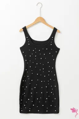 Dress  .  Black Pearl Beaded Sleeveless Square Neck Bodycon Dress