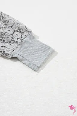 Top  .  Gray Lace Splicing V Neck Puff Sleeve Top.