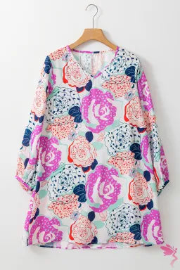 Dress  .  Multicolor Bracelet Bubble Sleeve Blooming Flower Print Dress