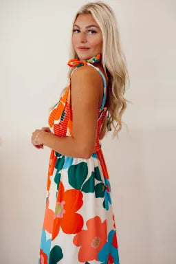 Dress  .  White Plus Size Smocked Floral Print Tied Straps Maxi Dress