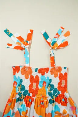 Dress  .  White Plus Size Smocked Floral Print Tied Straps Maxi Dress