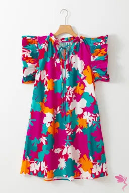 Mini Dress  .   Floral Tie Split Neck Flutter Sleeve Mini Dress .