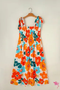 Dress  .  White Plus Size Smocked Floral Print Tied Straps Maxi Dress