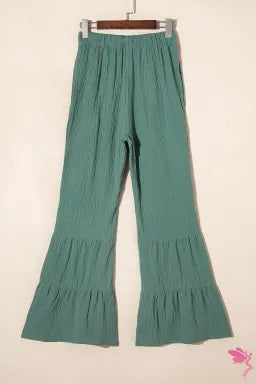 Pants  .  Green Textured High Waist Ruffled Bell Bottom Pants.