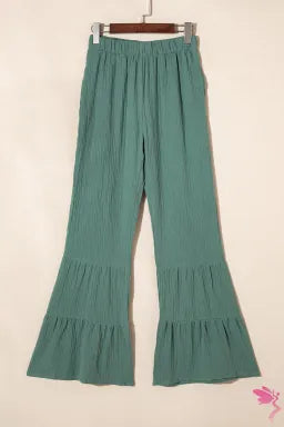 Pants  .  Green Textured High Waist Ruffled Bell Bottom Pants.