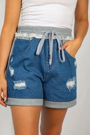 Shorts  .  High Waisted Denim Solid Knit Distressed Shorts